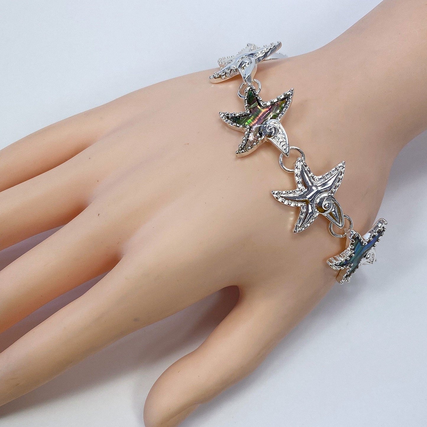 B3037 AB9860 Mother of Pearl Sea Life Starfish Shape Connected Metal Bracelet
