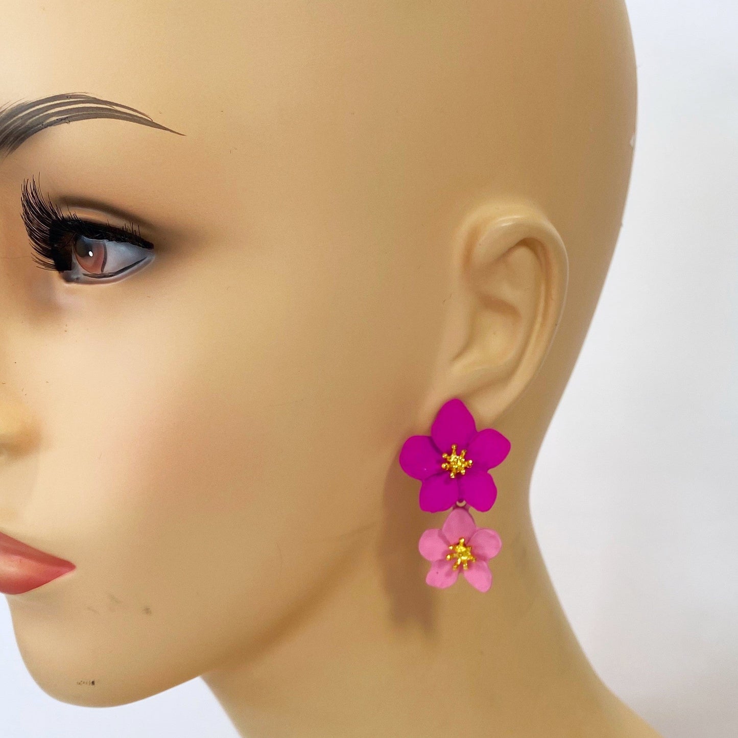 E0816 CCFBDE01 Double Flower Petal Design Drop Dangle Post Earrings