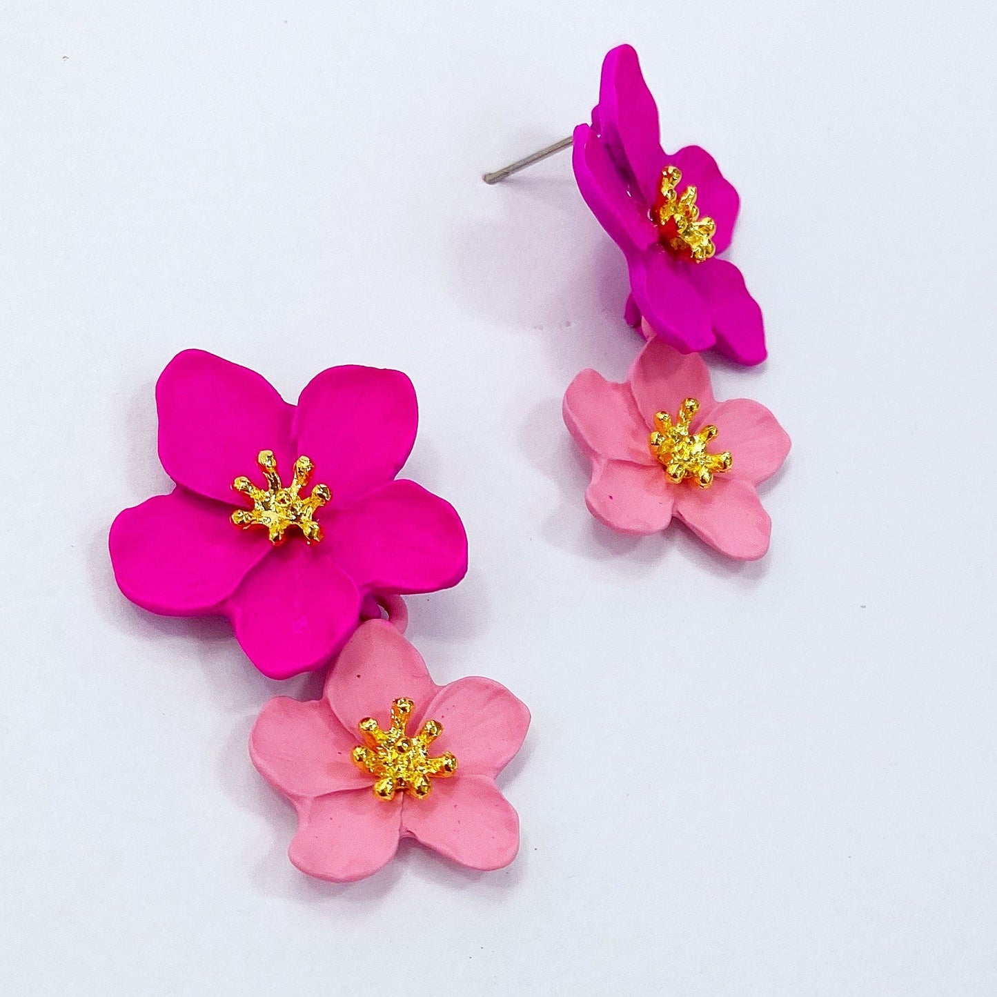 E0816 CCFBDE01 Double Flower Petal Design Drop Dangle Post Earrings