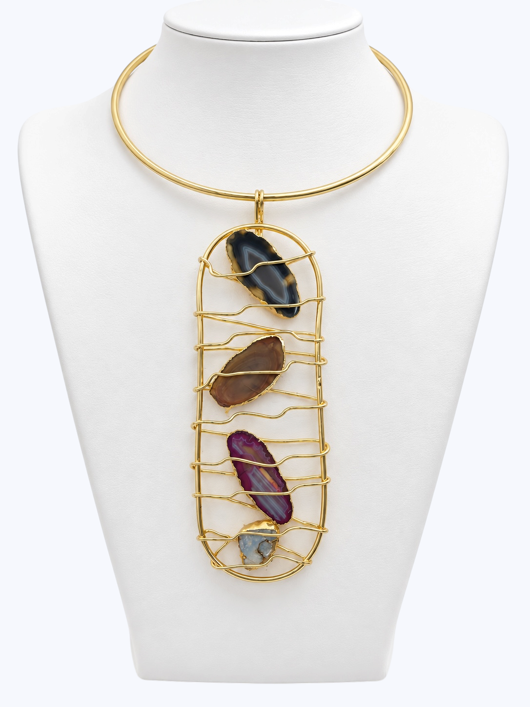 Handmade 14k Gold- Plated Mixed Natural Stone Statement Necklace