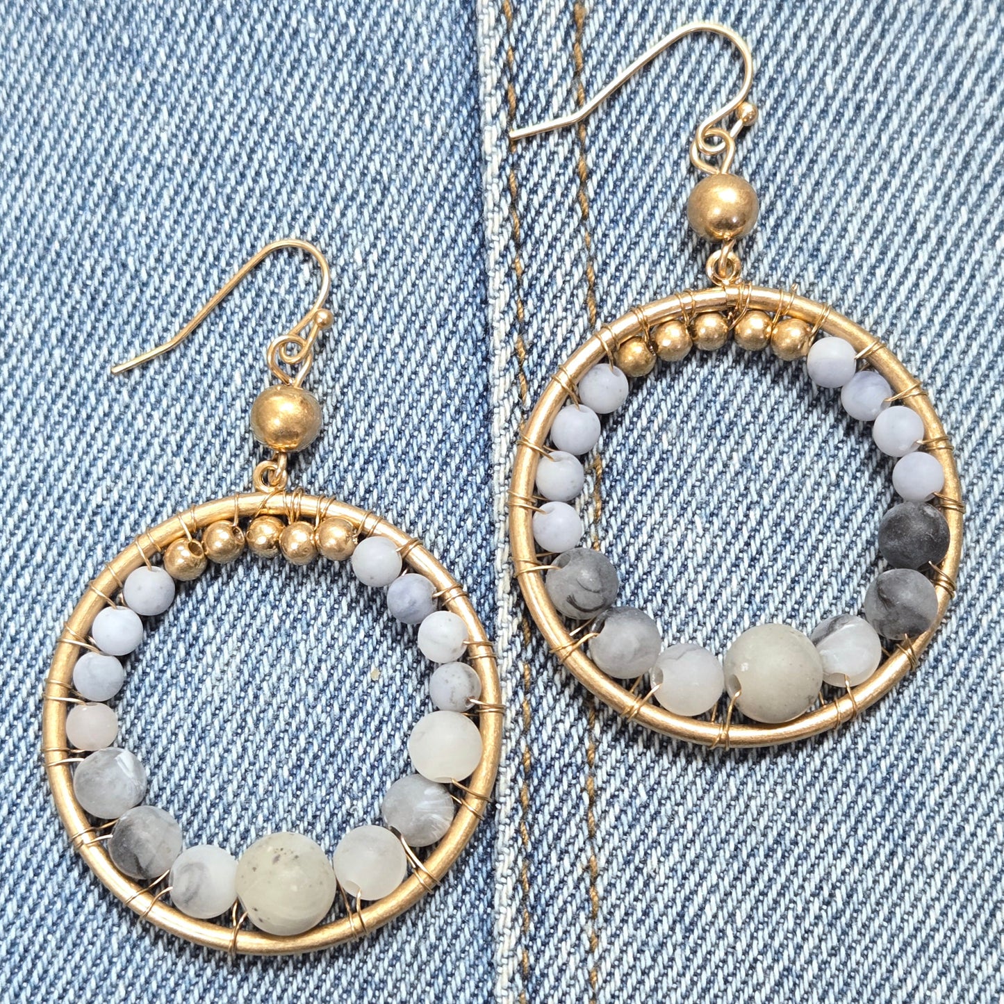 E1087 AE5449 Stone Beads Deco Circle Shape Drop Dangle Earrings