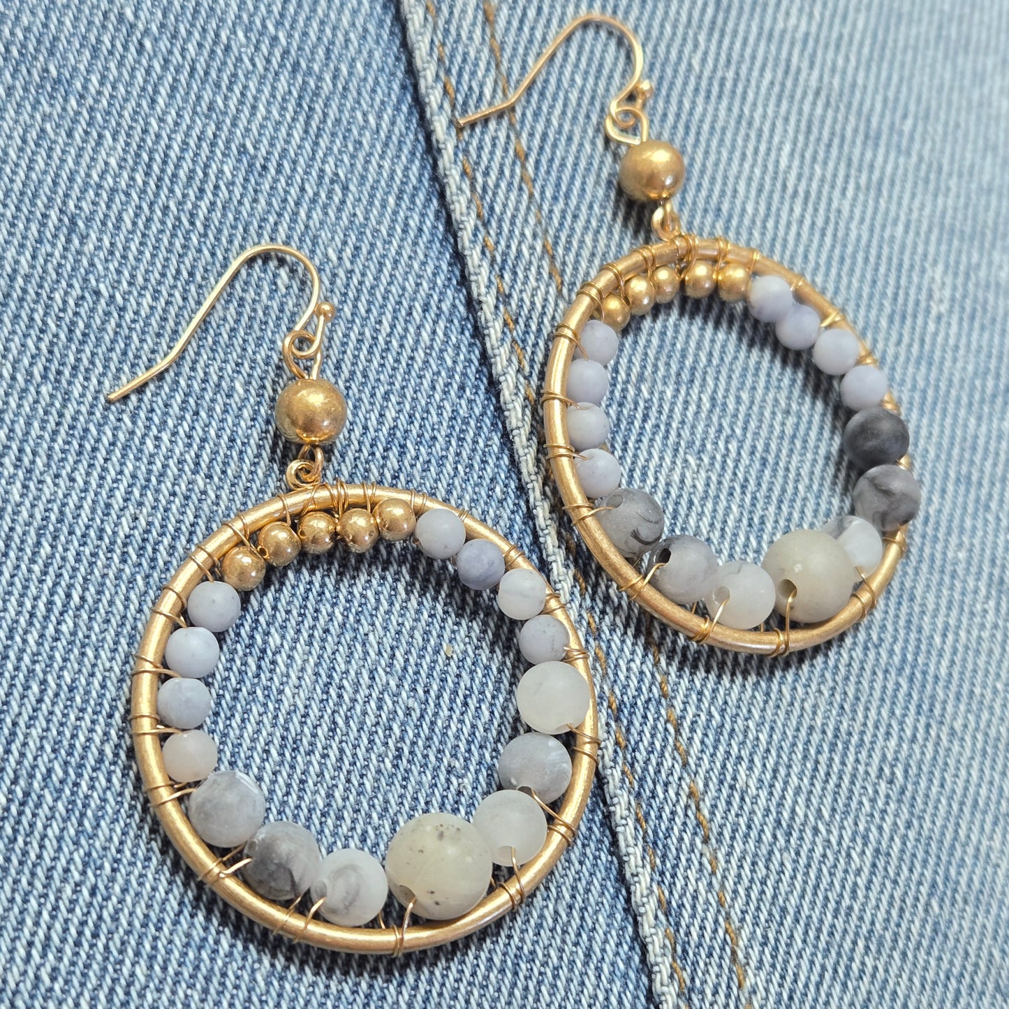 E1087 AE5449 Stone Beads Deco Circle Shape Drop Dangle Earrings