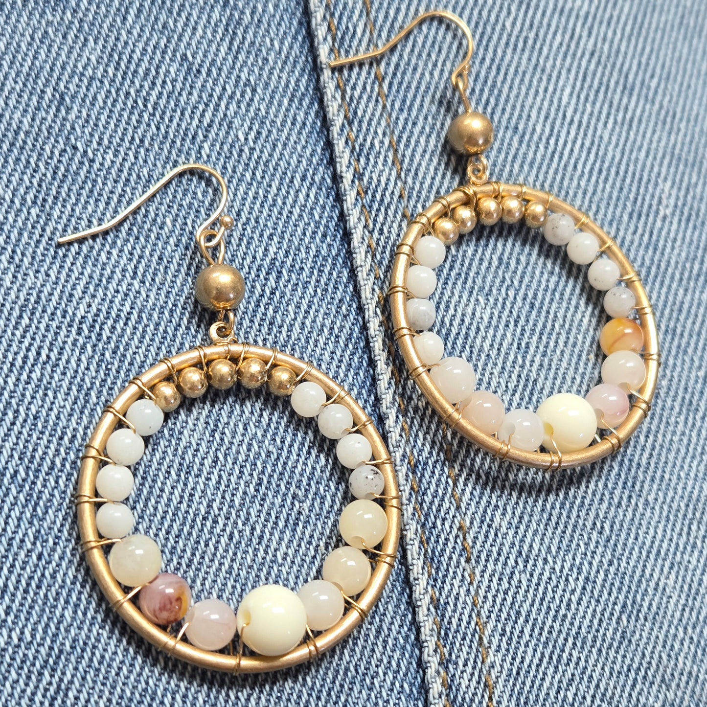 E1087 AE5449 Stone Beads Deco Circle Shape Drop Dangle Earrings