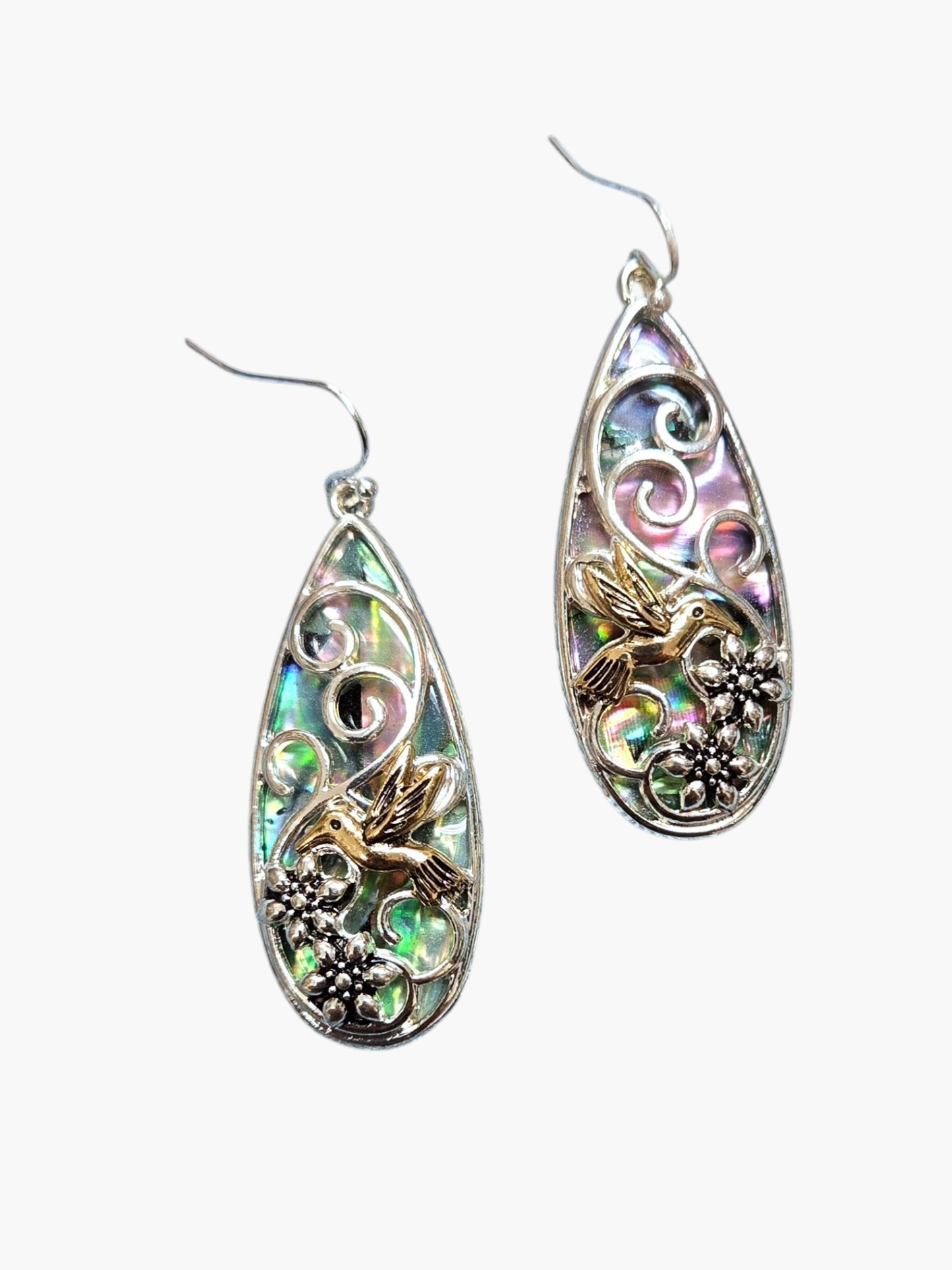 E1005| Bird and Flower design Abalone Teardrop Shape Drop Dangle Earrings |AE6468