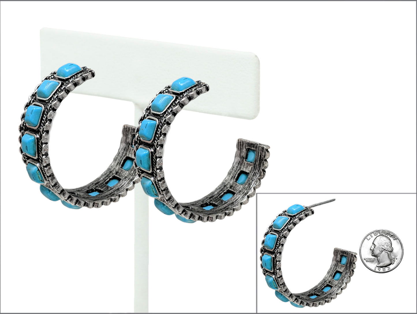 E1194 AE8349 Semi-Stone Deco Open Circle Drop Post Hoop Style Earrings