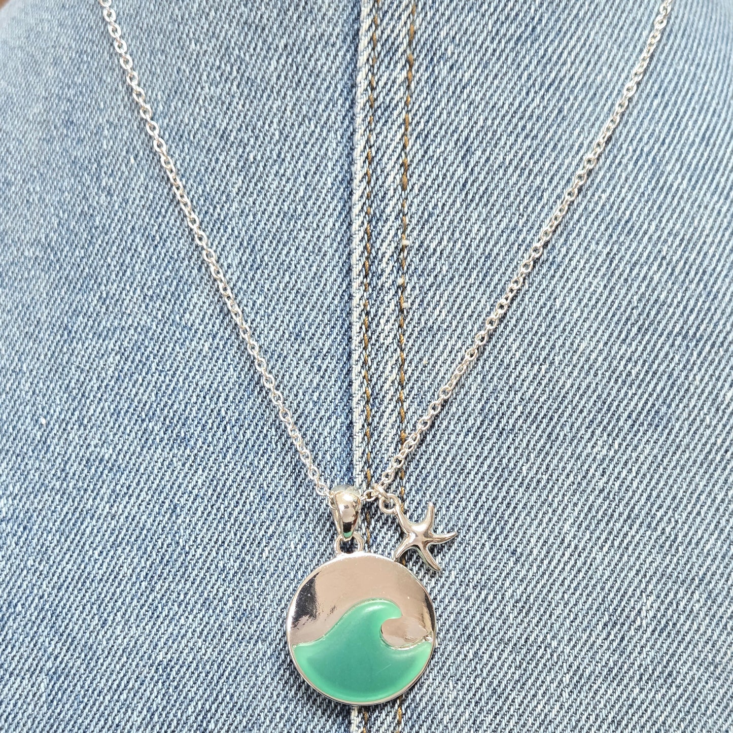 N0369 AS6038 Starfish Ocean Wave Circle Pendant Necklace
