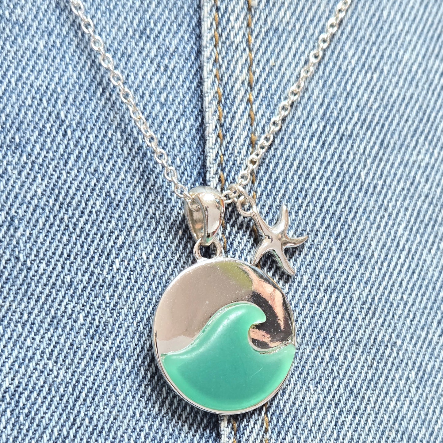 N0369 AS6038 Starfish Ocean Wave Circle Pendant Necklace
