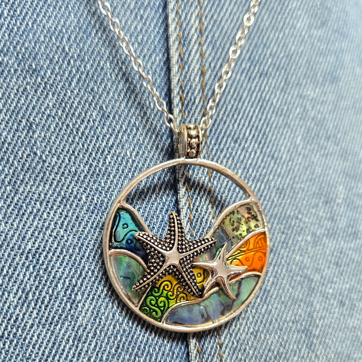 N0459 AS6425 Starfish Ocean Wave Circle Shape Pendant Necklace