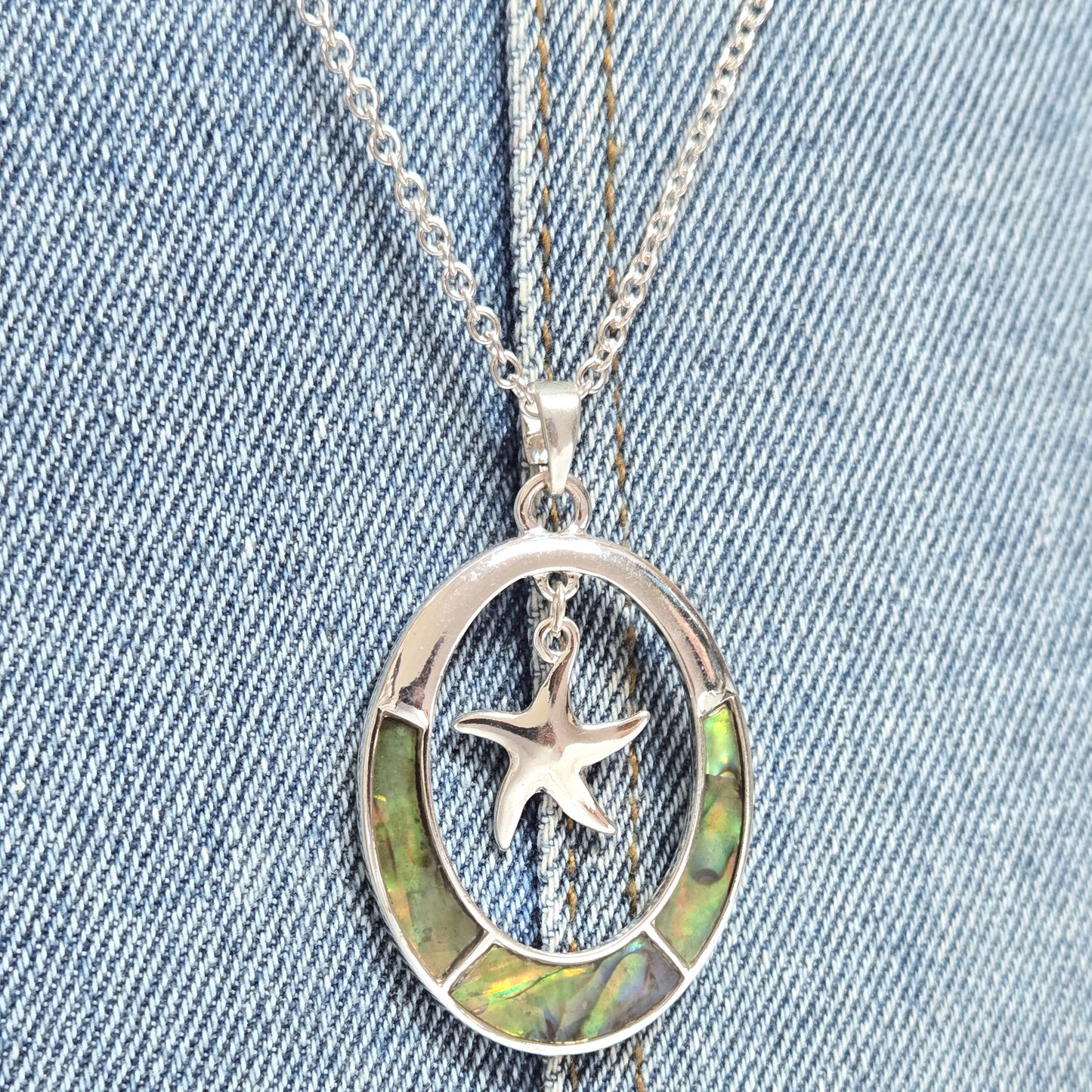 N0460 AS6611 Starfish Charm Dangle Oval Shape Pendant Necklace