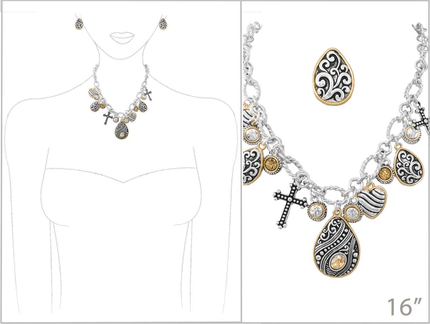 Jewelry set with necklace, bracelet, and earrings on a white background