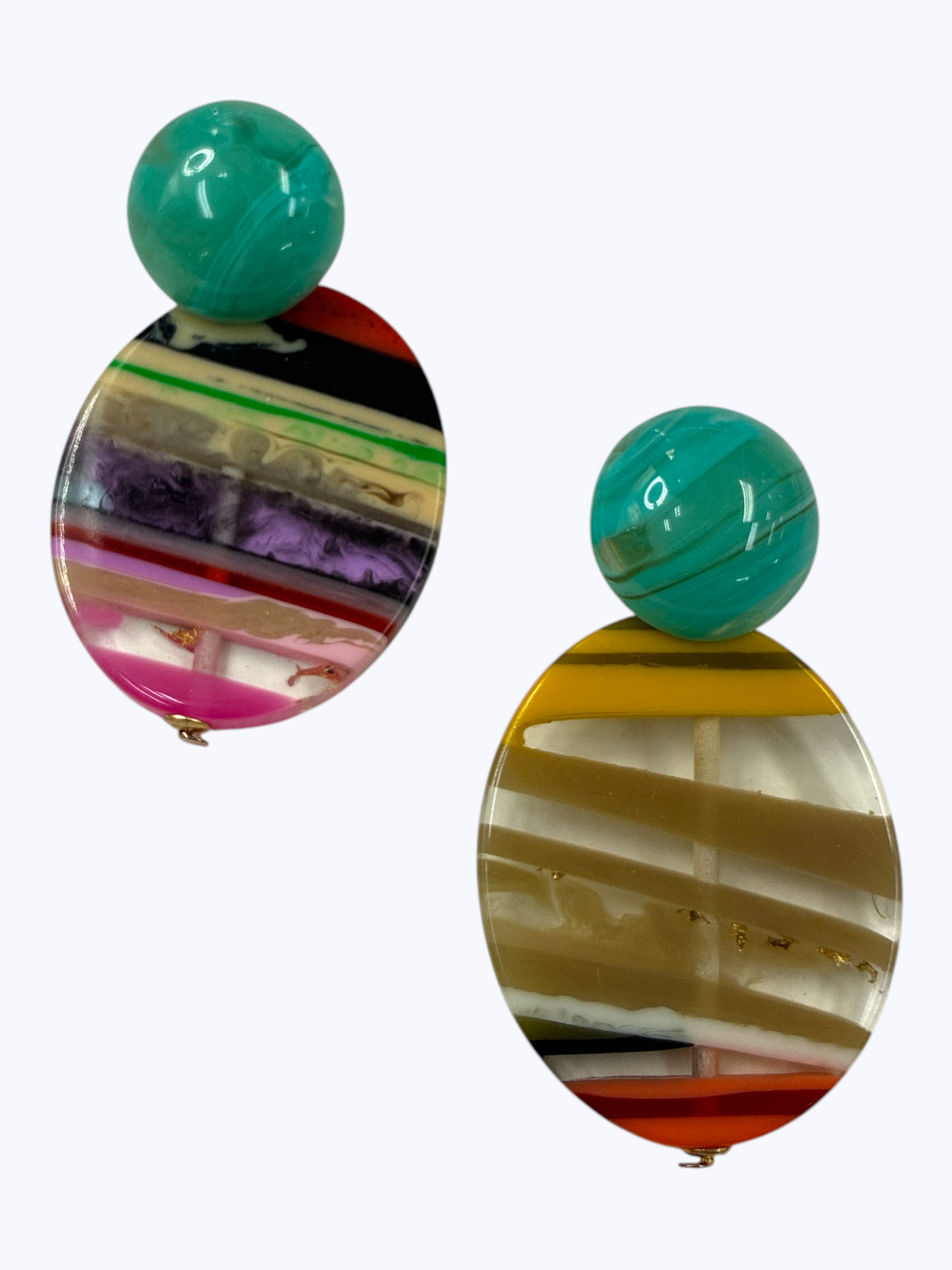 Striped oval drop earrings with multicolor resin design and marbled round stud top, lightweight statement fashion jewelry.