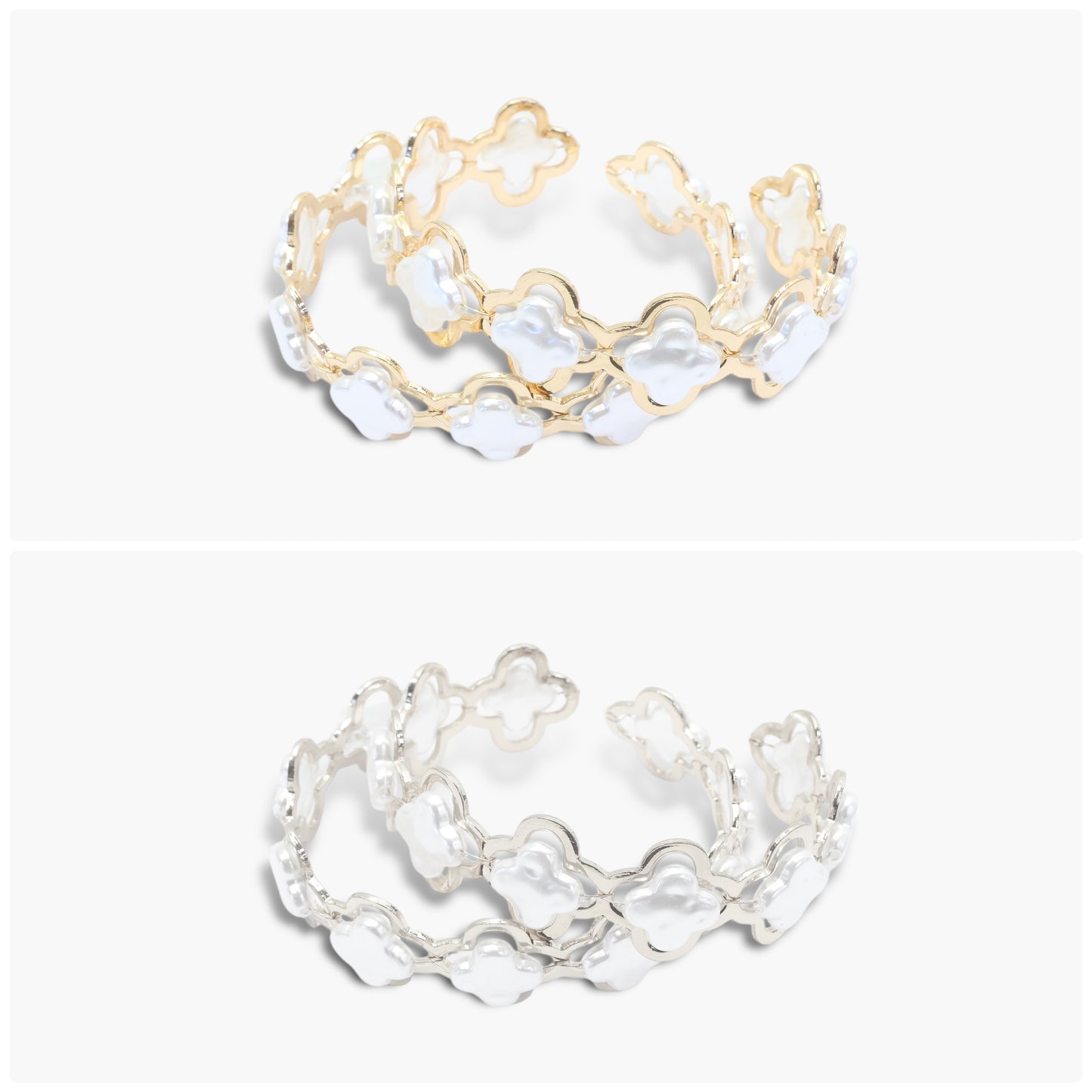 B0055 25B1230 Pearl Deco Clover Design Open Cuff Bracelets