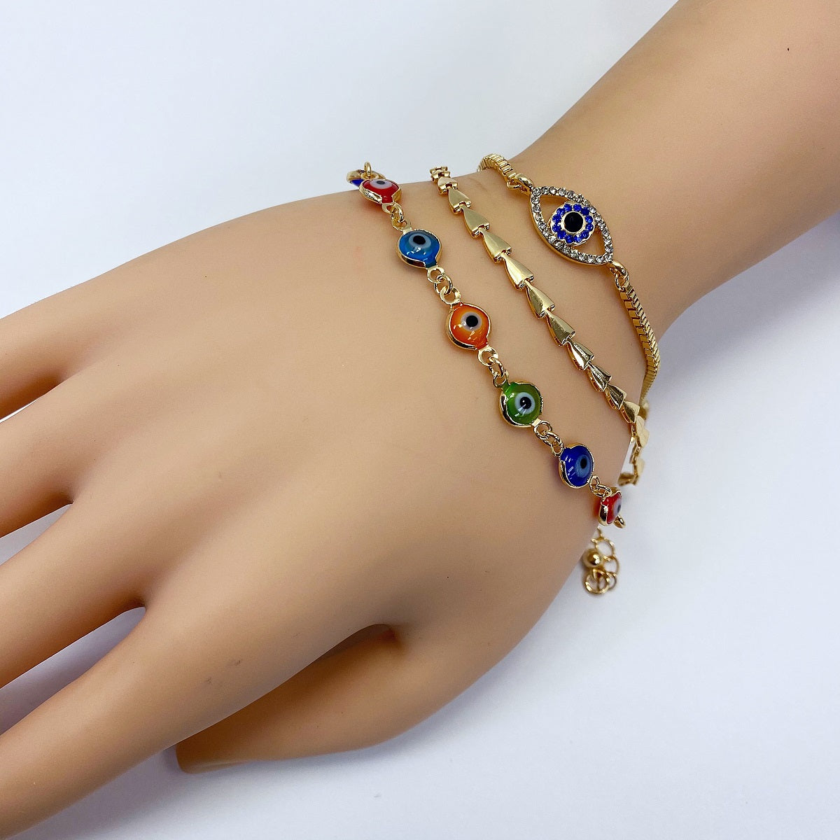 B0177 JCB2063 Rhinestones Deco Evil Eye Design Charms Chain Bracelet