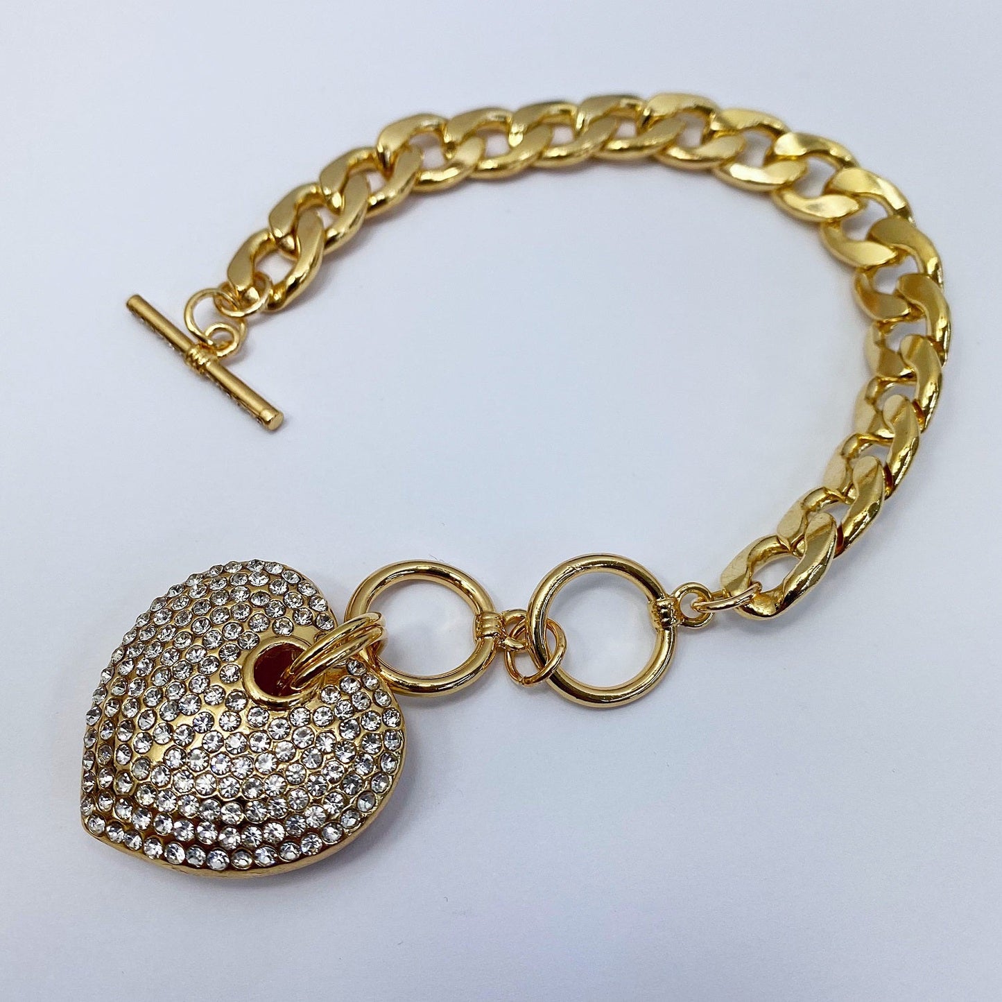 B0173 MB7032 Metal Cuban Link Chain Rhinestones Deco Heart Love Shape Charm Bracelet