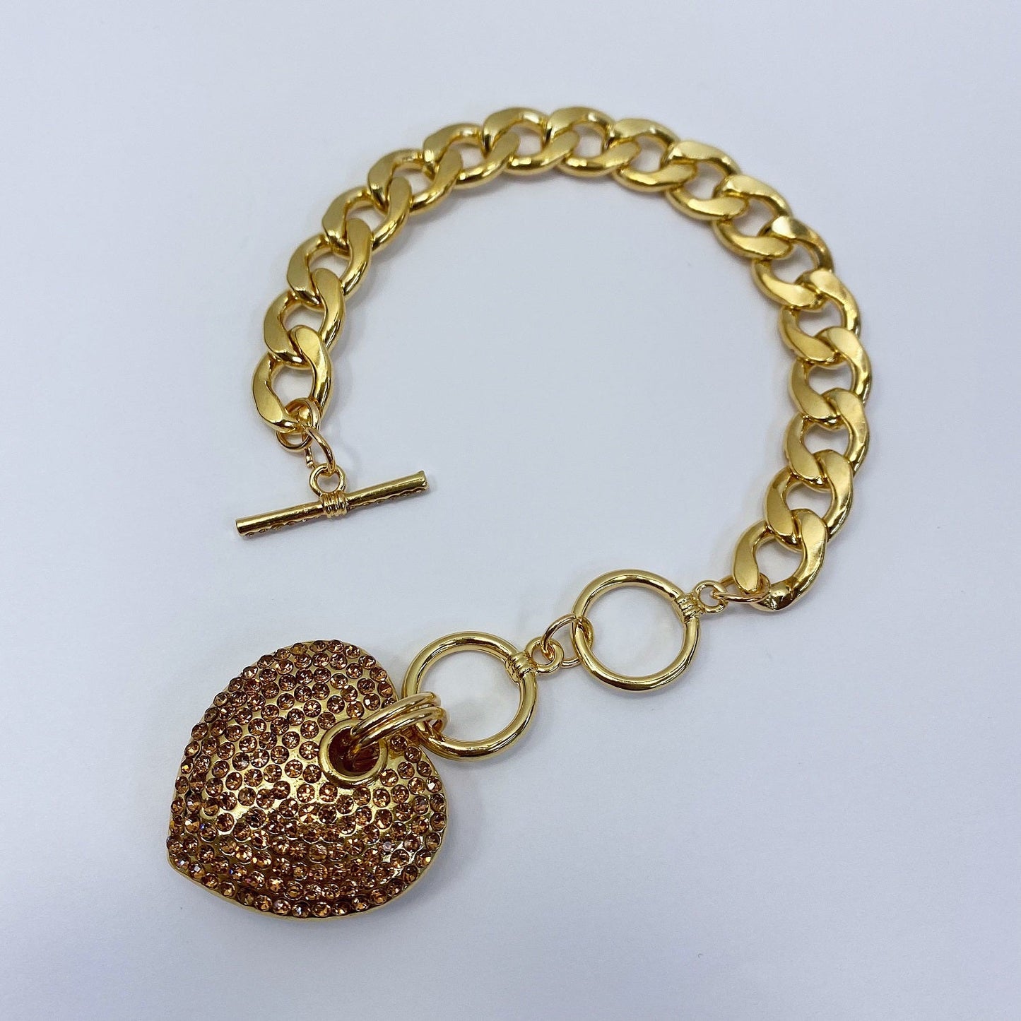 B0173 MB7032 Metal Cuban Link Chain Rhinestones Deco Heart Love Shape Charm Bracelet