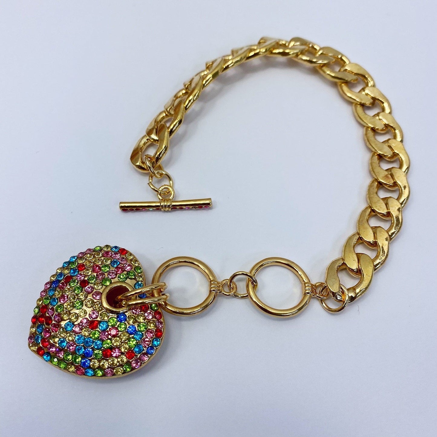 B0173 MB7032 Metal Cuban Link Chain Rhinestones Deco Heart Love Shape Charm Bracelet