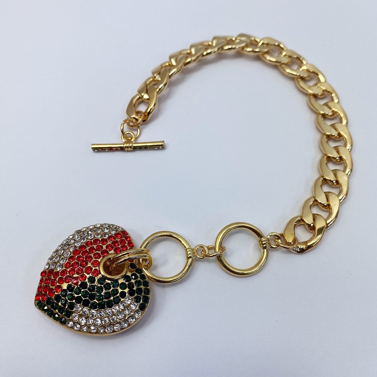 B0173 MB7032 Metal Cuban Link Chain Rhinestones Deco Heart Love Shape Charm Bracelet