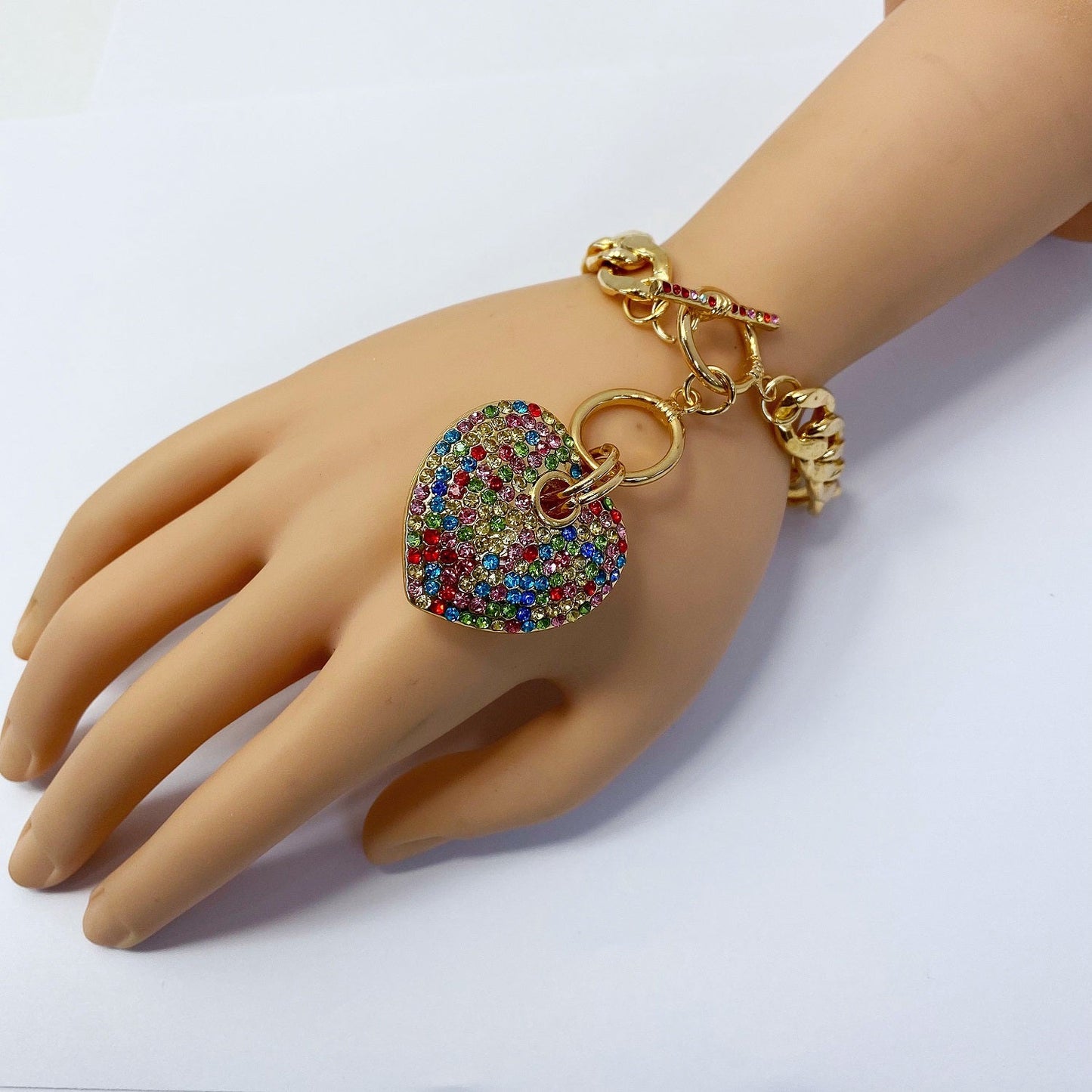 B0173 MB7032 Metal Cuban Link Chain Rhinestones Deco Heart Love Shape Charm Bracelet