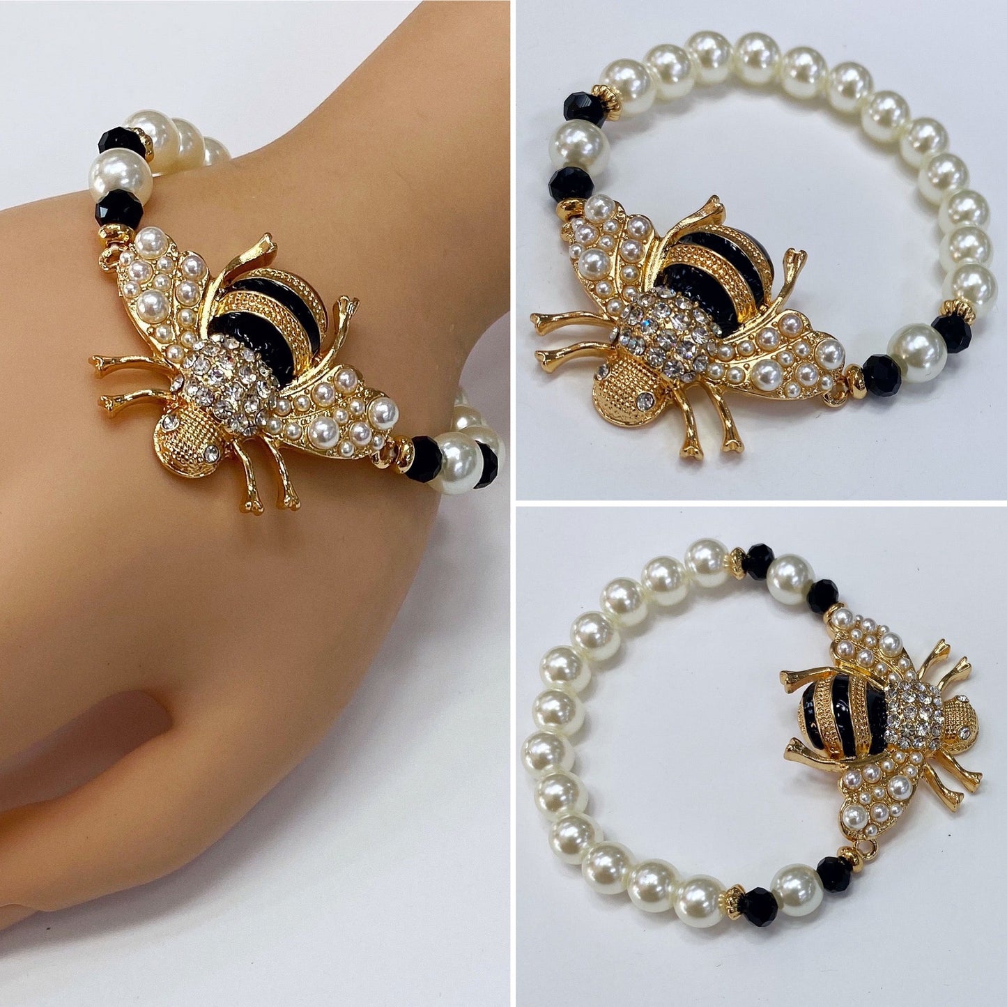 B0214 JCB1052 Pearl Rhinestones Bee Stretchable Bracelet