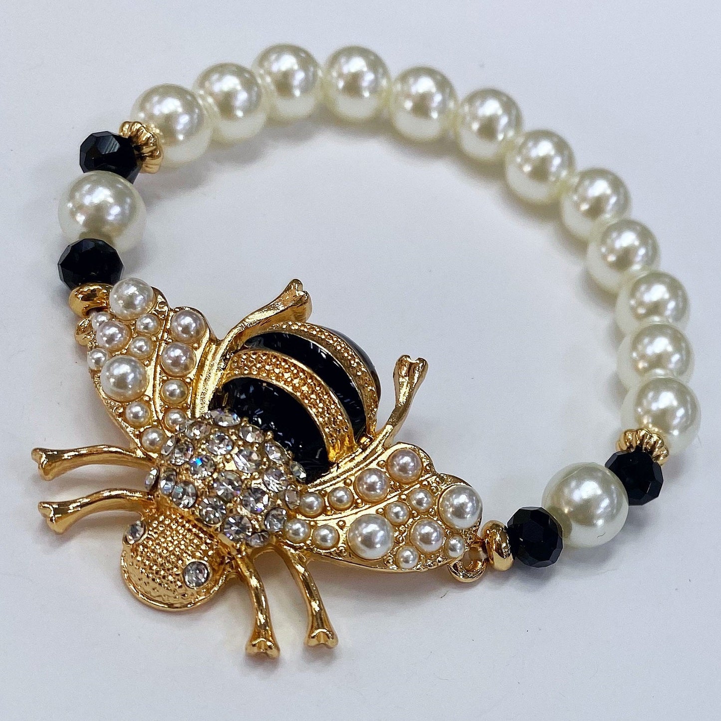 B0214 JCB1052 Pearl Rhinestones Bee Stretchable Bracelet