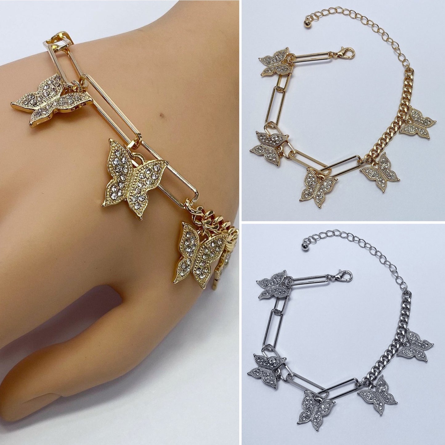 B0157 KB5008 Rhinestones Decorated Animal Butterfly Shape Charms Dangle Chain Link Bracelet