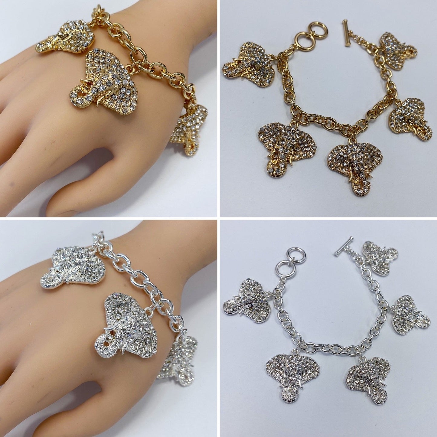 B0234 BB00943 Rhinestones Animal Elephant Charms Dangle Chain Bracelet