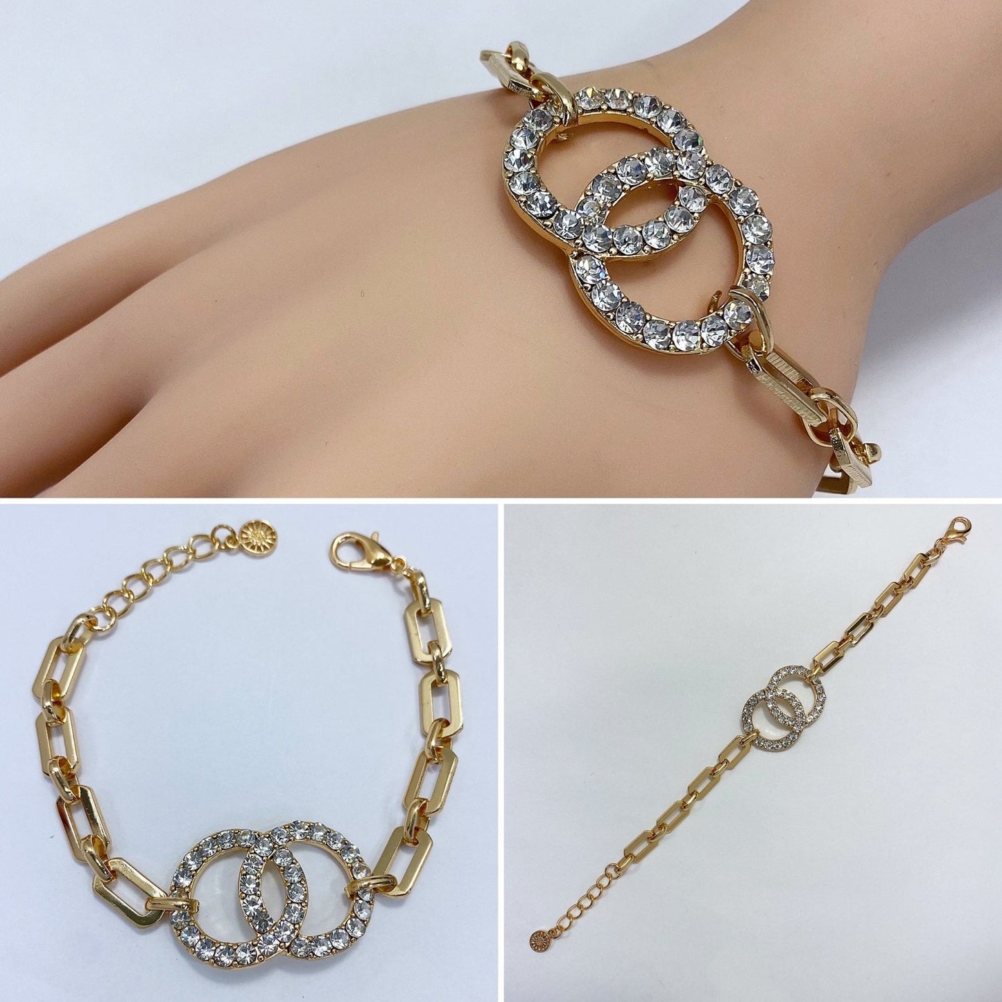 B0171 83B1370 Rhinestones Deco Double Circle Design Chain Bracelet