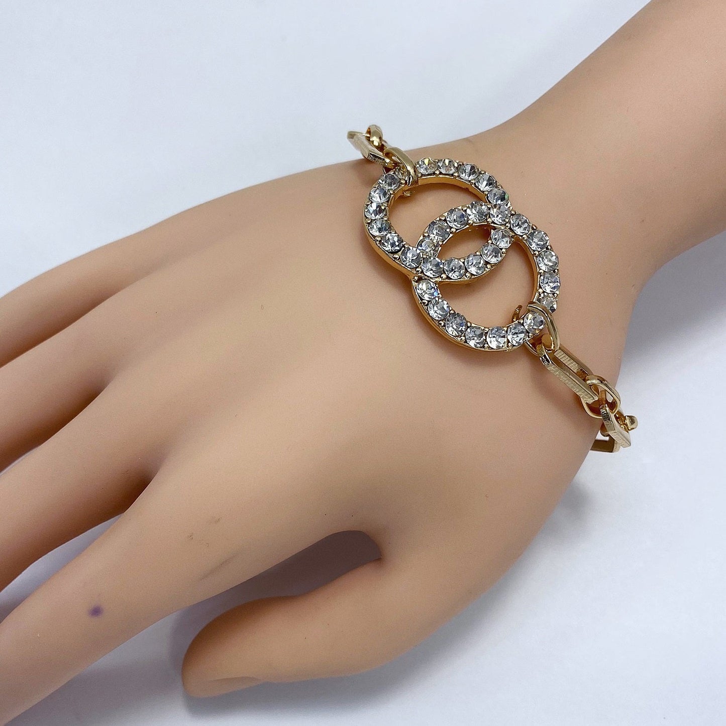 B0171 83B1370 Rhinestones Deco Double Circle Design Chain Bracelet