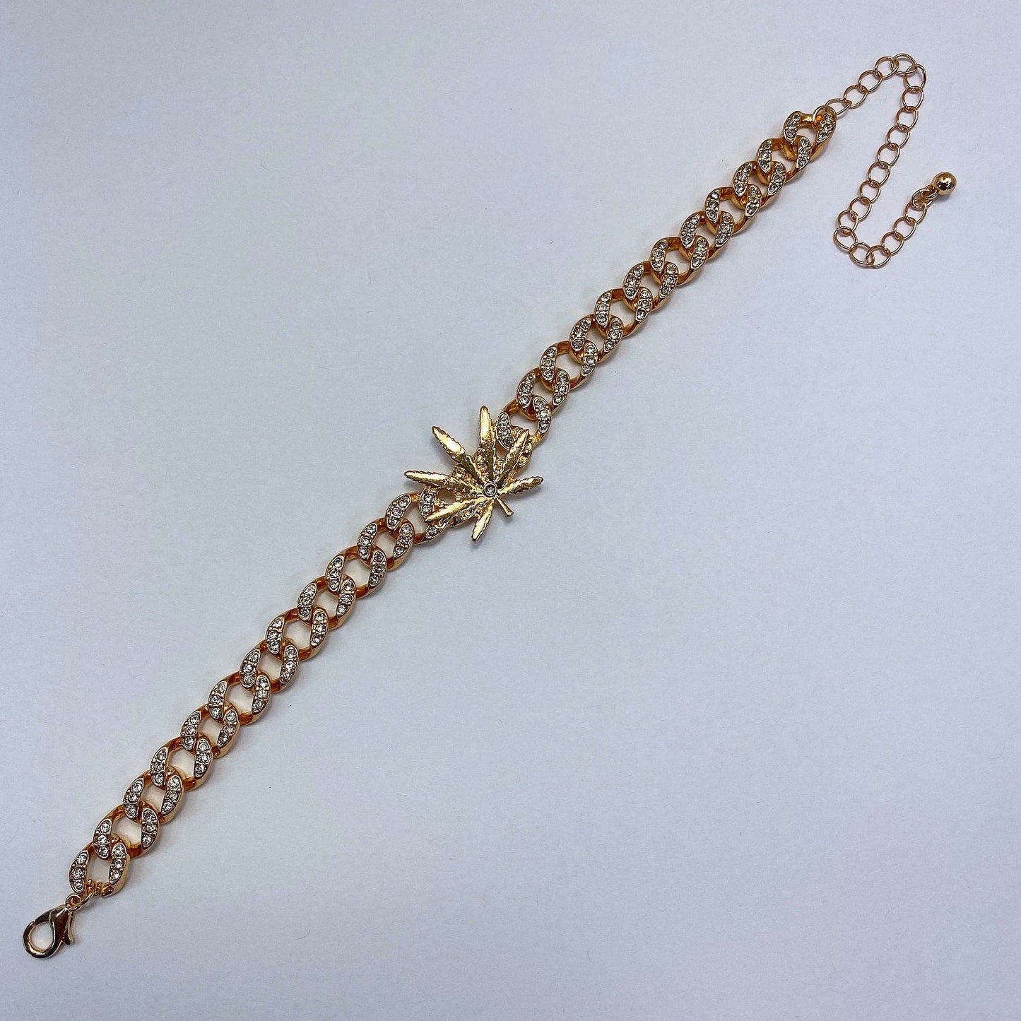 B0246 KB5012 Rhinestones Deco Cuban Link Chain with Leaf Design Accented Bracelet