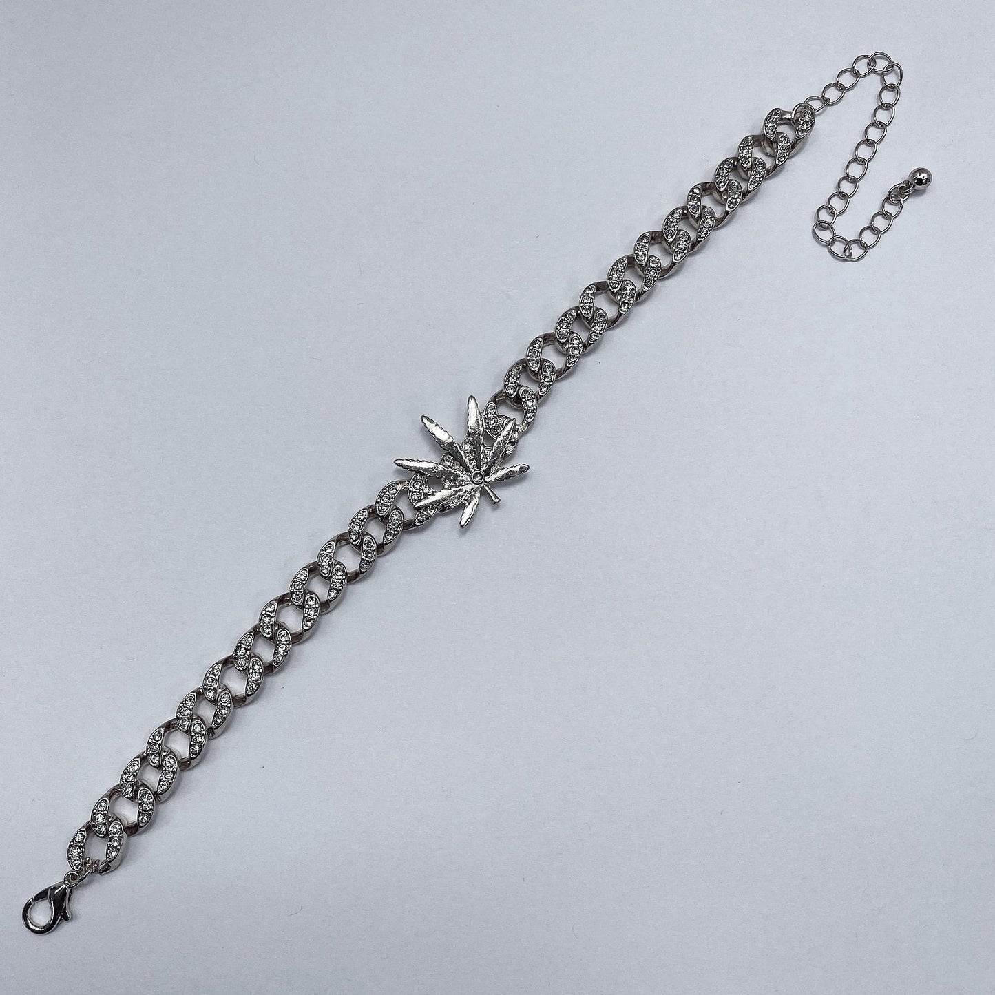 B0246 KB5012 Rhinestones Deco Cuban Link Chain with Leaf Design Accented Bracelet