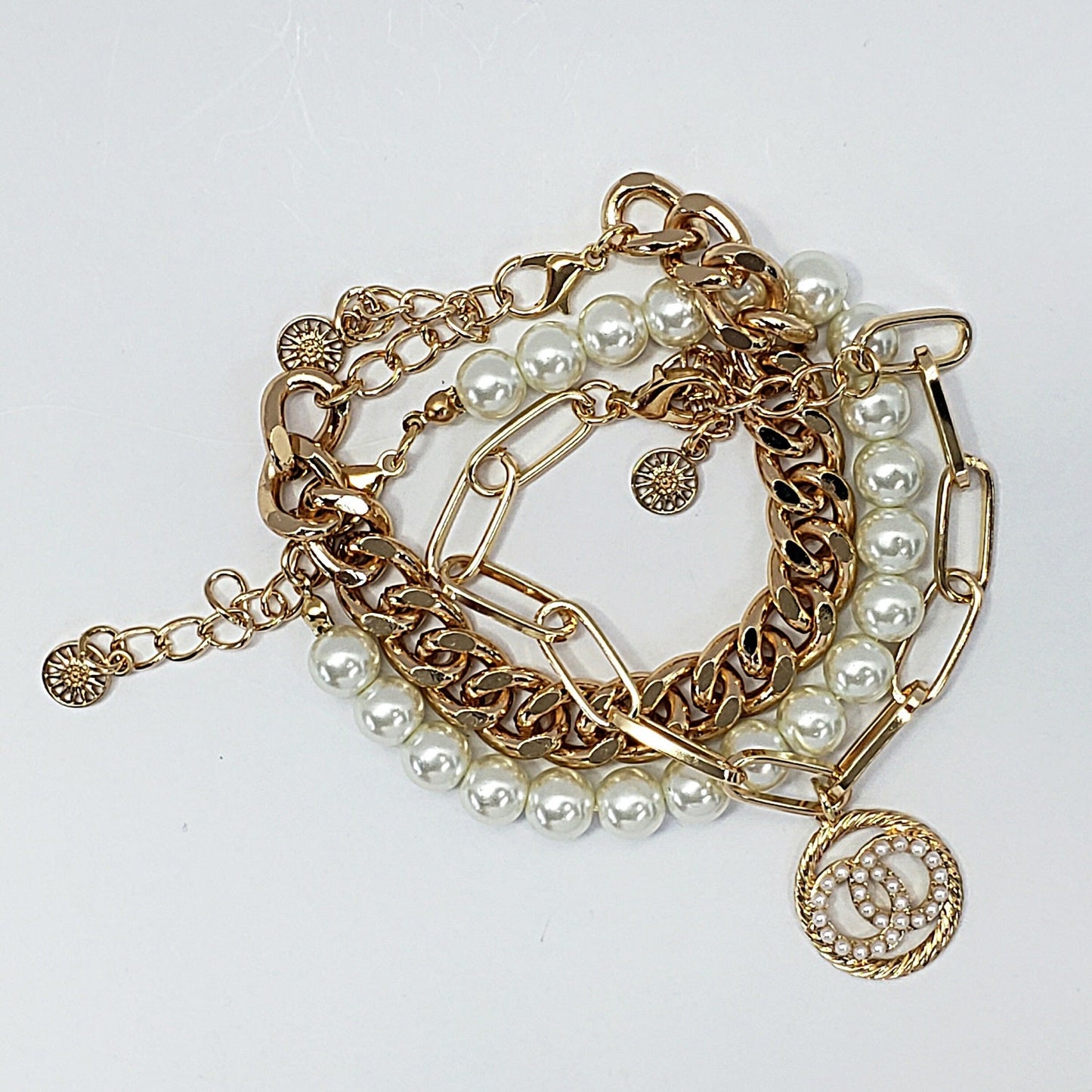 B0180 83B1384 Pearl Deco Double O Design Charm Chain Bracelets