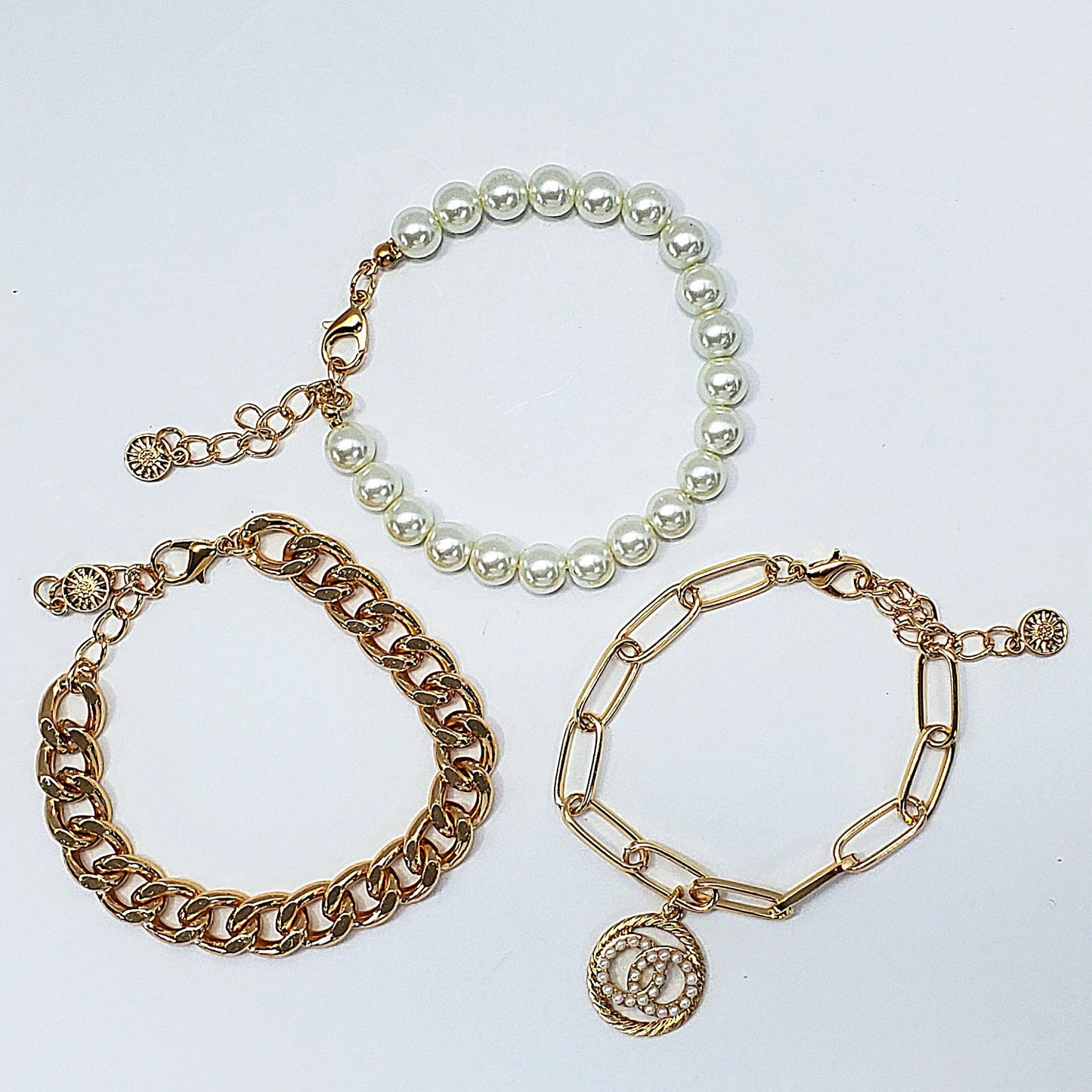B0180 83B1384 Pearl Deco Double O Design Charm Chain Bracelets