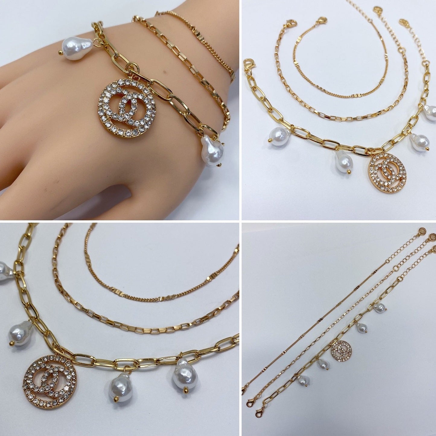 B0168 83B1388 Rhinestones Decorated Double O Design Chain Bracelet