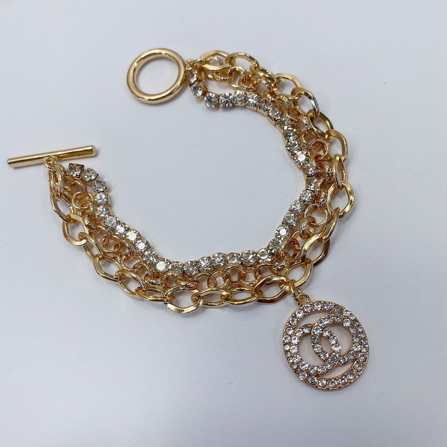 B0175 83B1391 Multi Chain Rhinestones Deco Double O Link Designed Charm Dangle Bracelet
