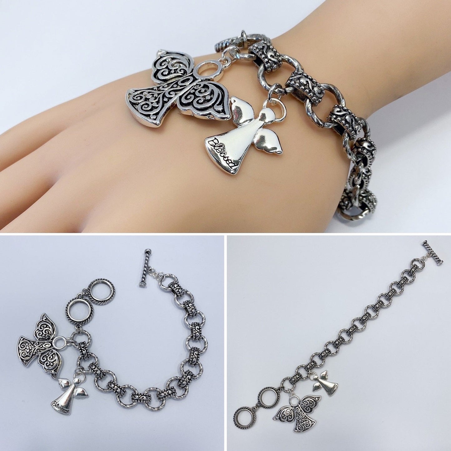 B0161 BB01019 Blessed Engraved Angel Shape Charms Dangle Chain Bracelet