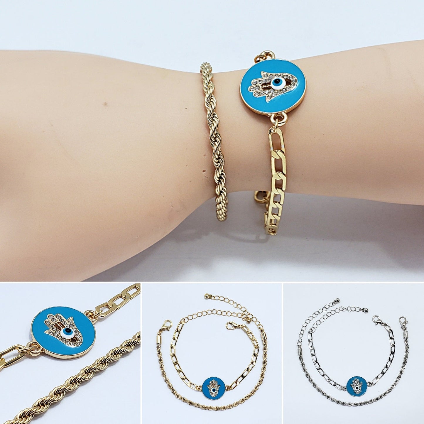 B0176 CB1074 Evil Eye Hamsa Design Accented Dainty Chain Bracelets