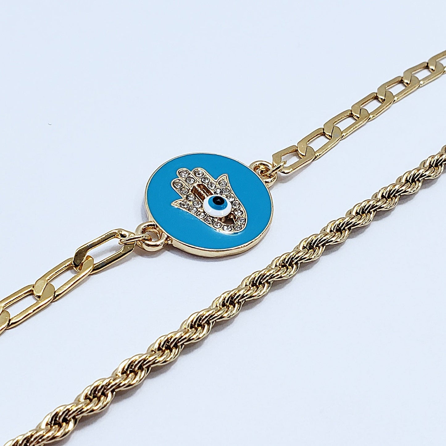 B0176 CB1074 Evil Eye Hamsa Design Accented Dainty Chain Bracelets