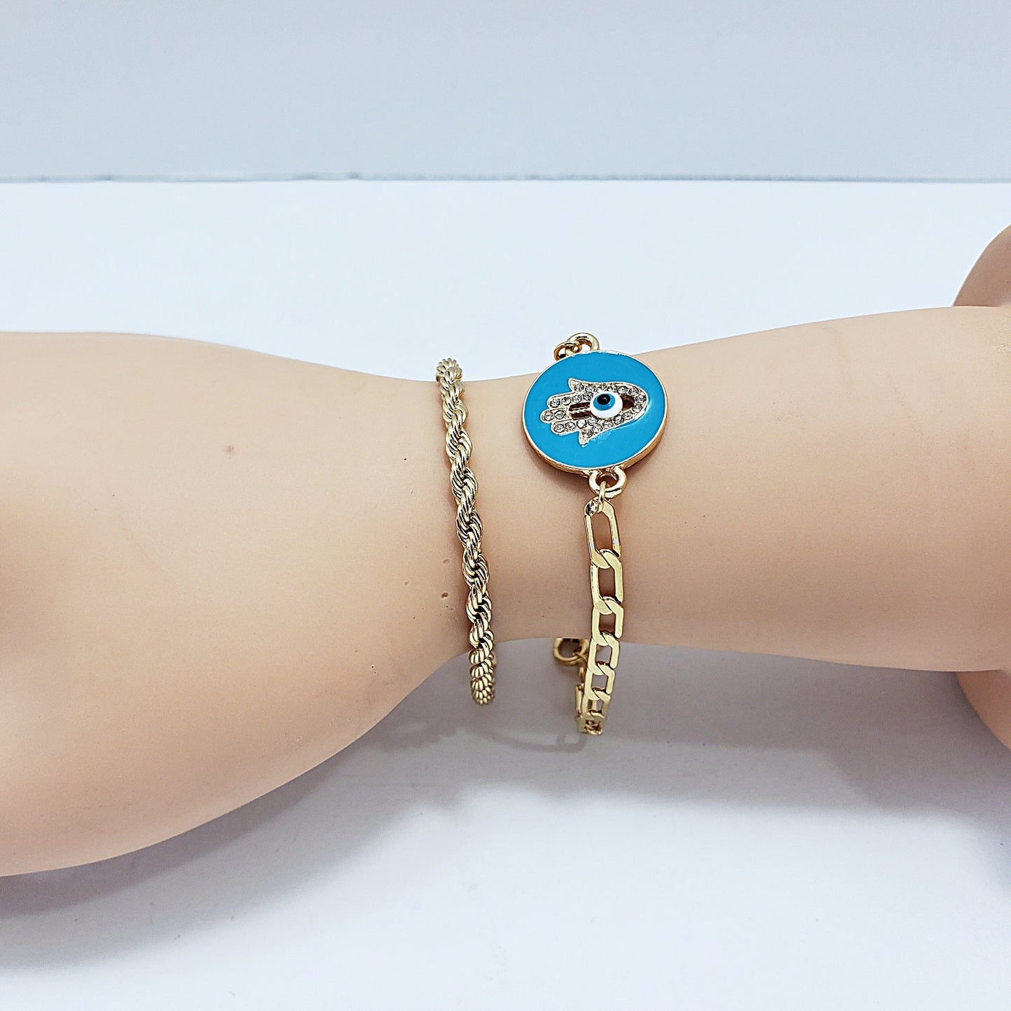 B0176 CB1074 Evil Eye Hamsa Design Accented Dainty Chain Bracelets