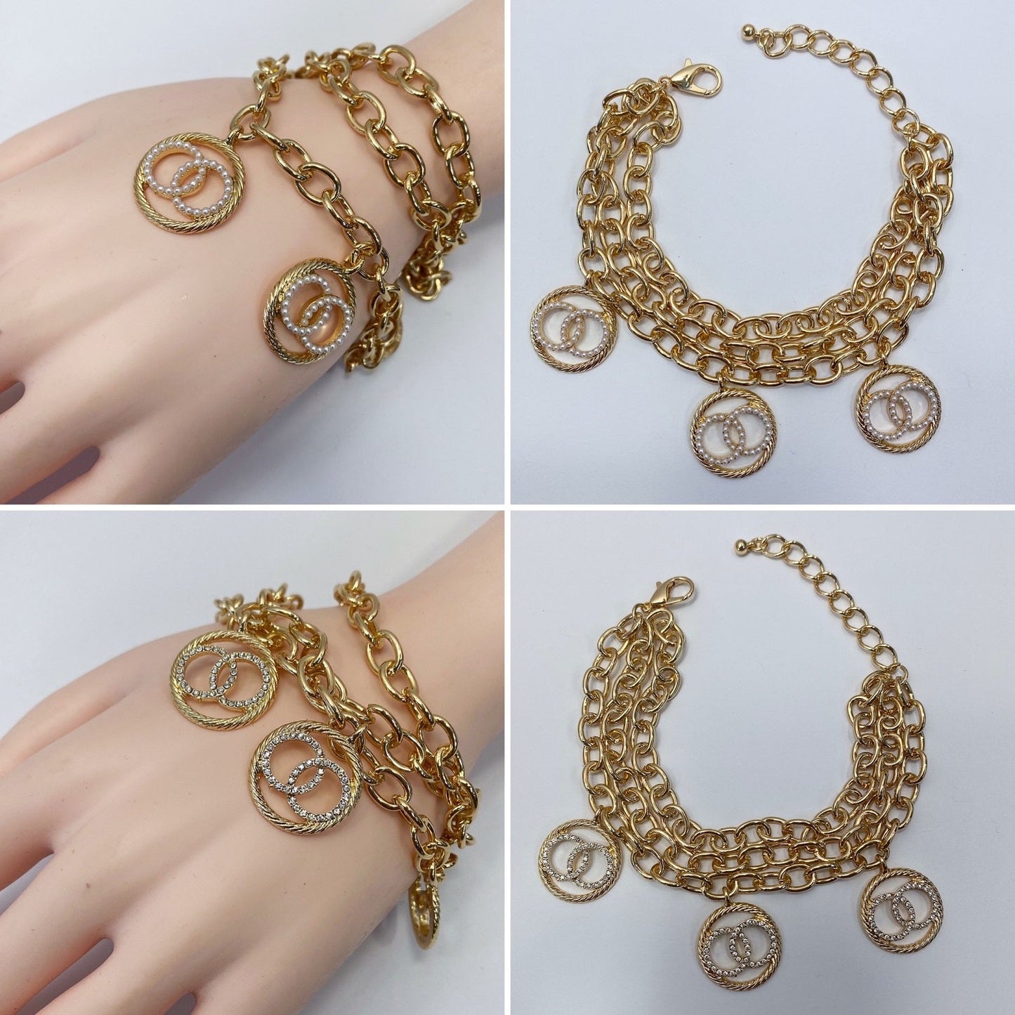 B3030 25B1085 Double O Linked Design Charms Dangle Multi Layered Chain Bracelet