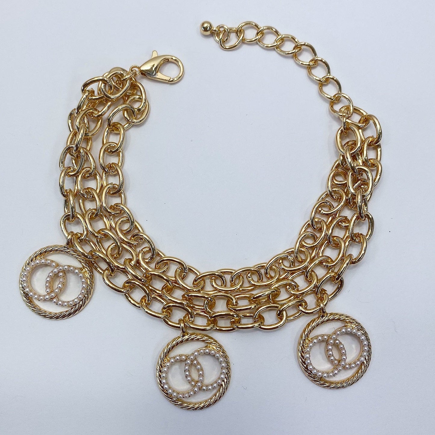 B3030 25B1085 Double O Linked Design Charms Dangle Multi Layered Chain Bracelet