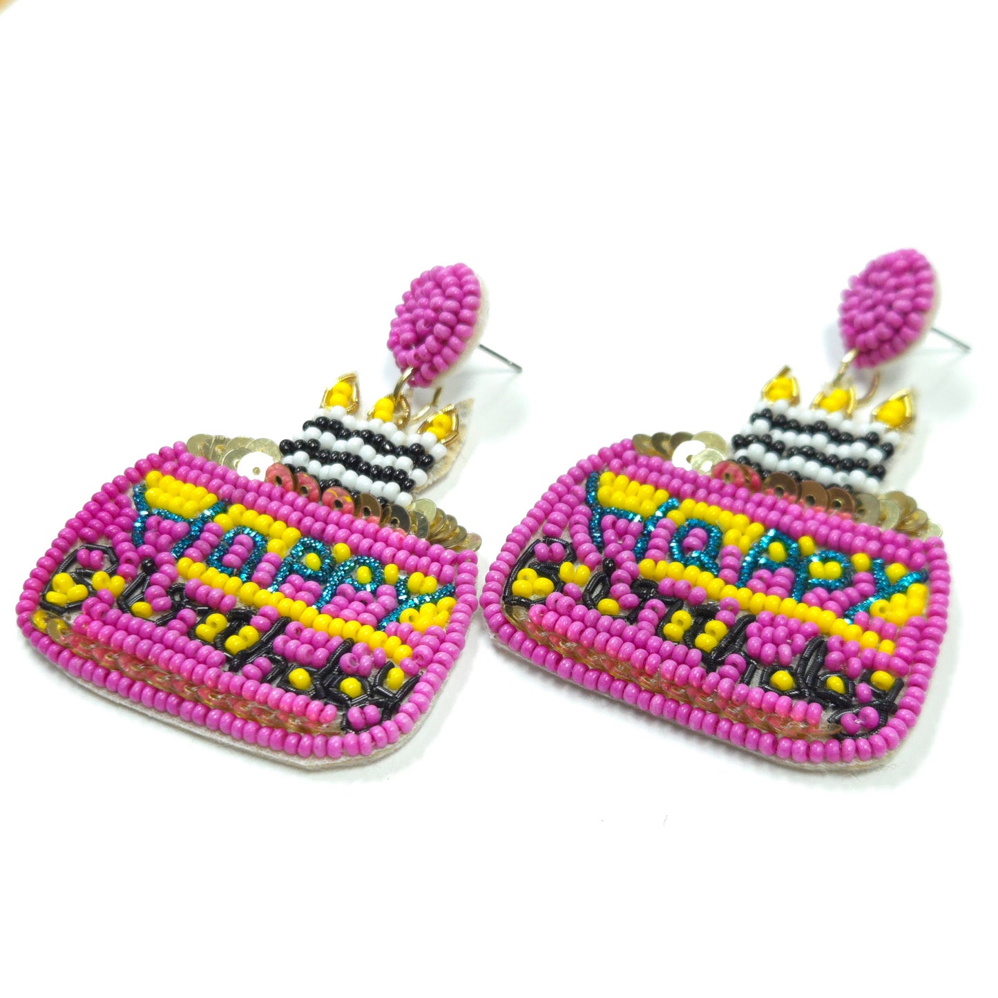 Beaded earrings shaped like birthday cakes with 'Happy Birthday' text on a white background
