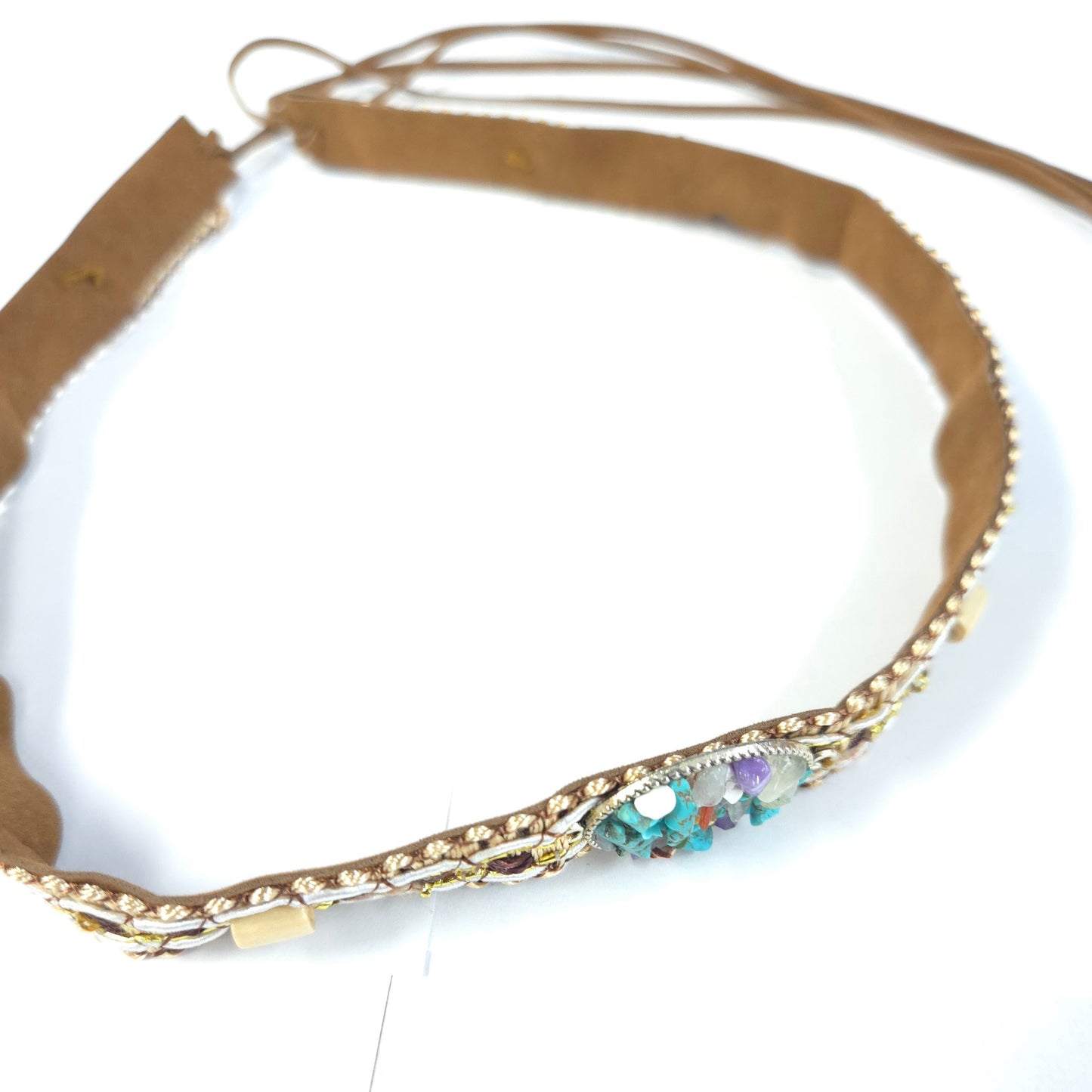 Necklace with gold chain and colorful beads on a white background