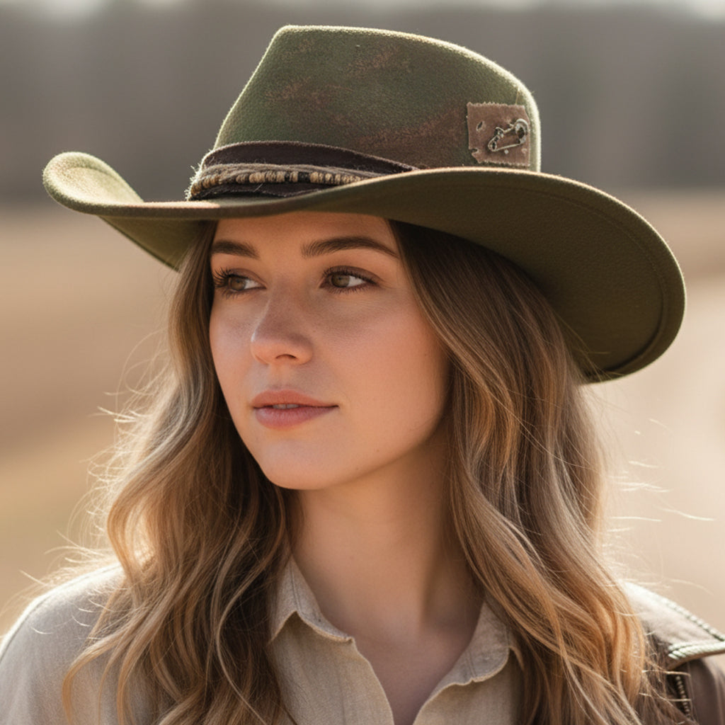 Woman wearing a green cowboy hat with a blurred background