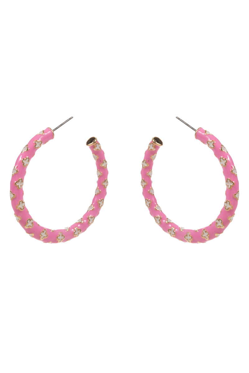 E0866 C4E2334-2 CLOVER PATERN COLOR-ENAME HYPOALLERGENIC HOOP EARRINGS