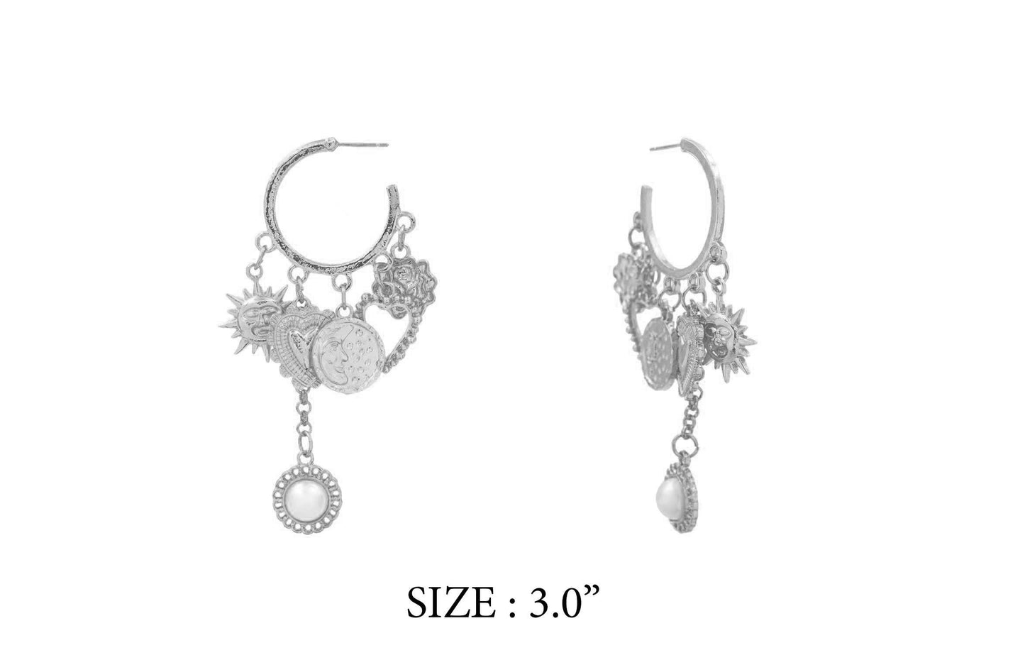 Pair of silver earrings with various charms on a white background