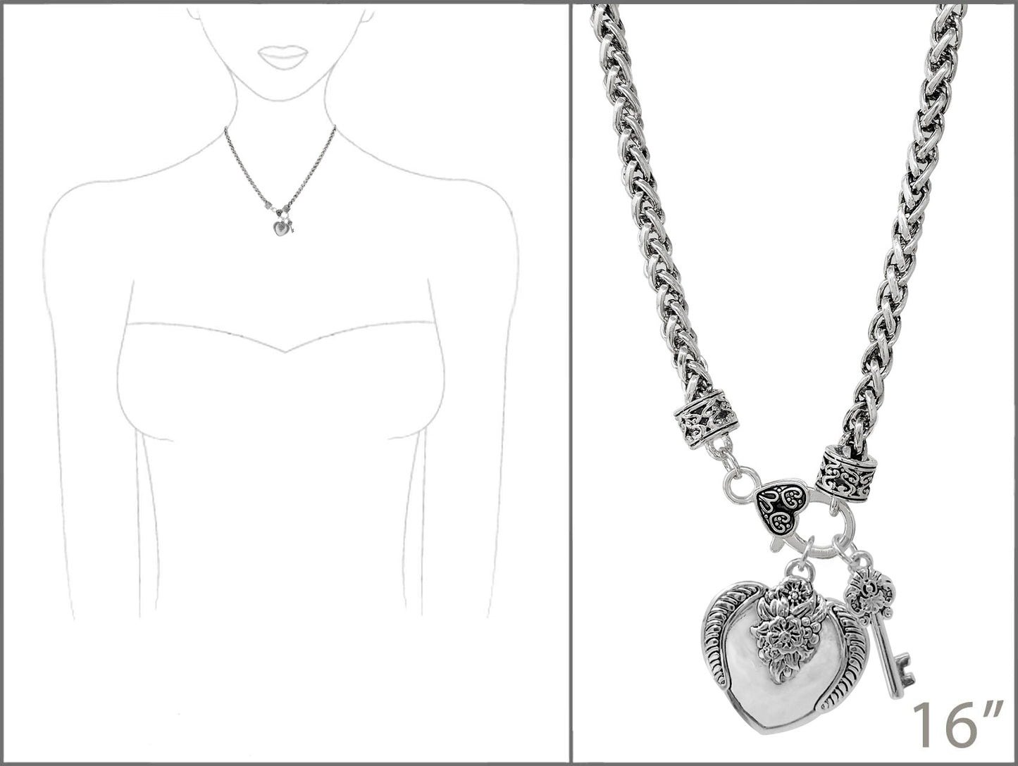 Silver necklace with heart and key pendant on a white background