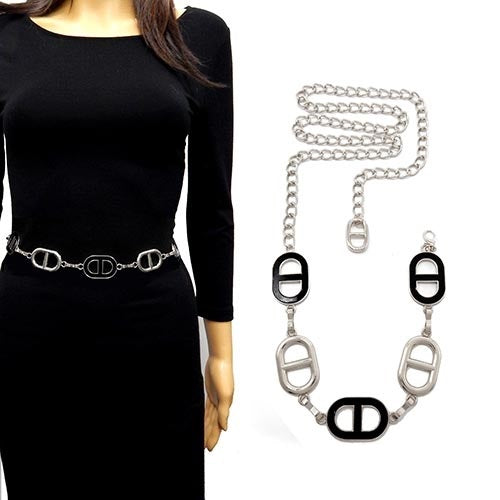 Black dress with silver belt featuring black buckles on a white background