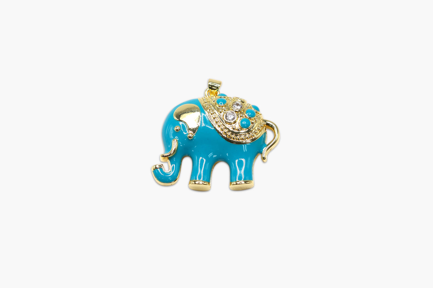 Blue elephant pendant with gold accents on a white background
