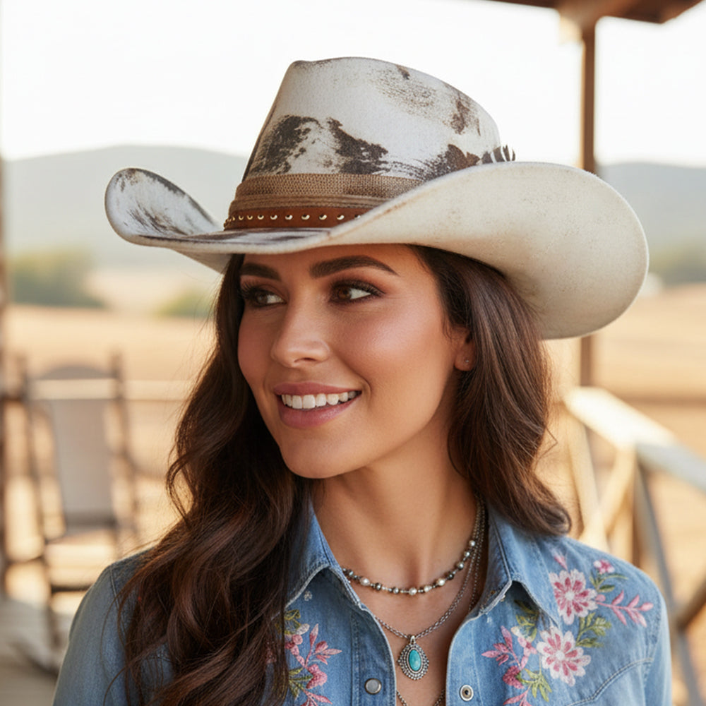 Woman wearing a cowboy hat and denim shirt with floral embroidery outdoors.