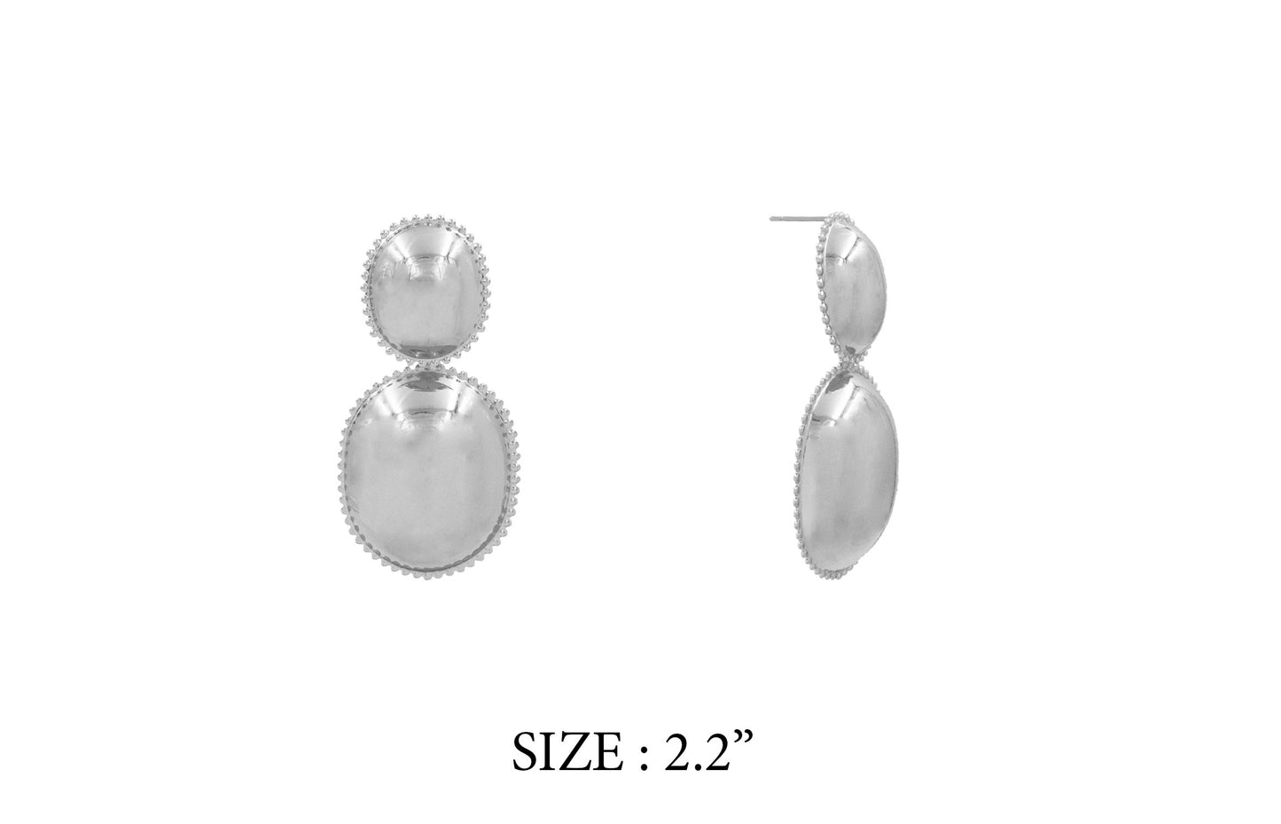 Pair of silver earrings on a white background with size indication.